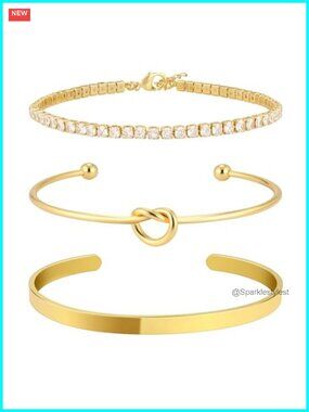 Gold Plated Brass Stackable Tennis Bangle Cuff Bracelet Set for Women